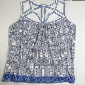 Eliane Rose Womens 2X Blue White Embroidered Geometric Tile Print Sleeveless Top